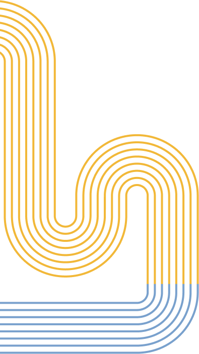 Abstract geometric artwork: yellow curved lines on black background, with blue parallel lines at the bottom right forming a wave-like pattern.