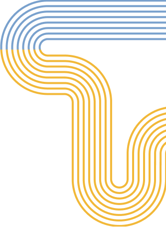 Abstract geometric design featuring blue and orange parallel curved lines that form an intertwined looping shape on a black background.
