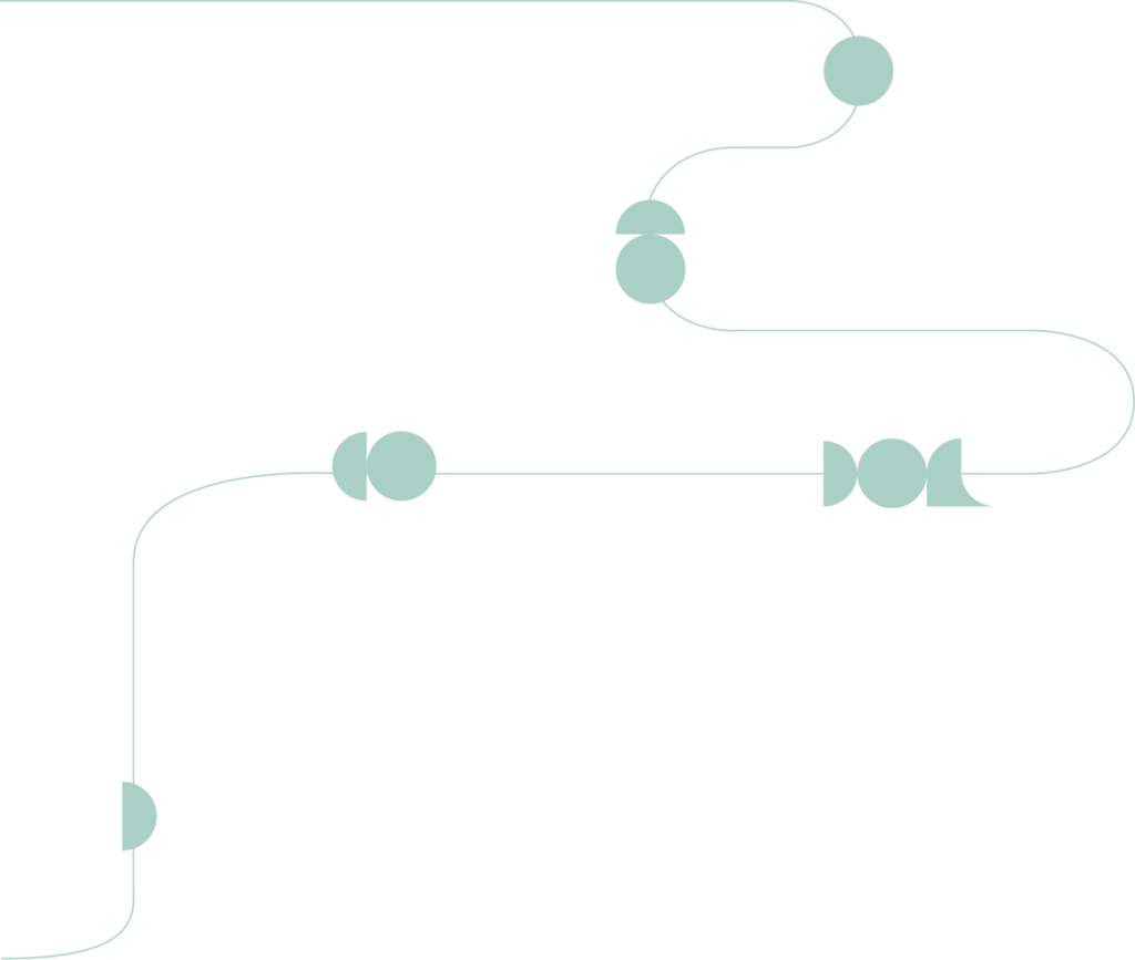 Abstract teal flow diagram: connected circular nodes along a winding line, suggesting a multi-step workflow.